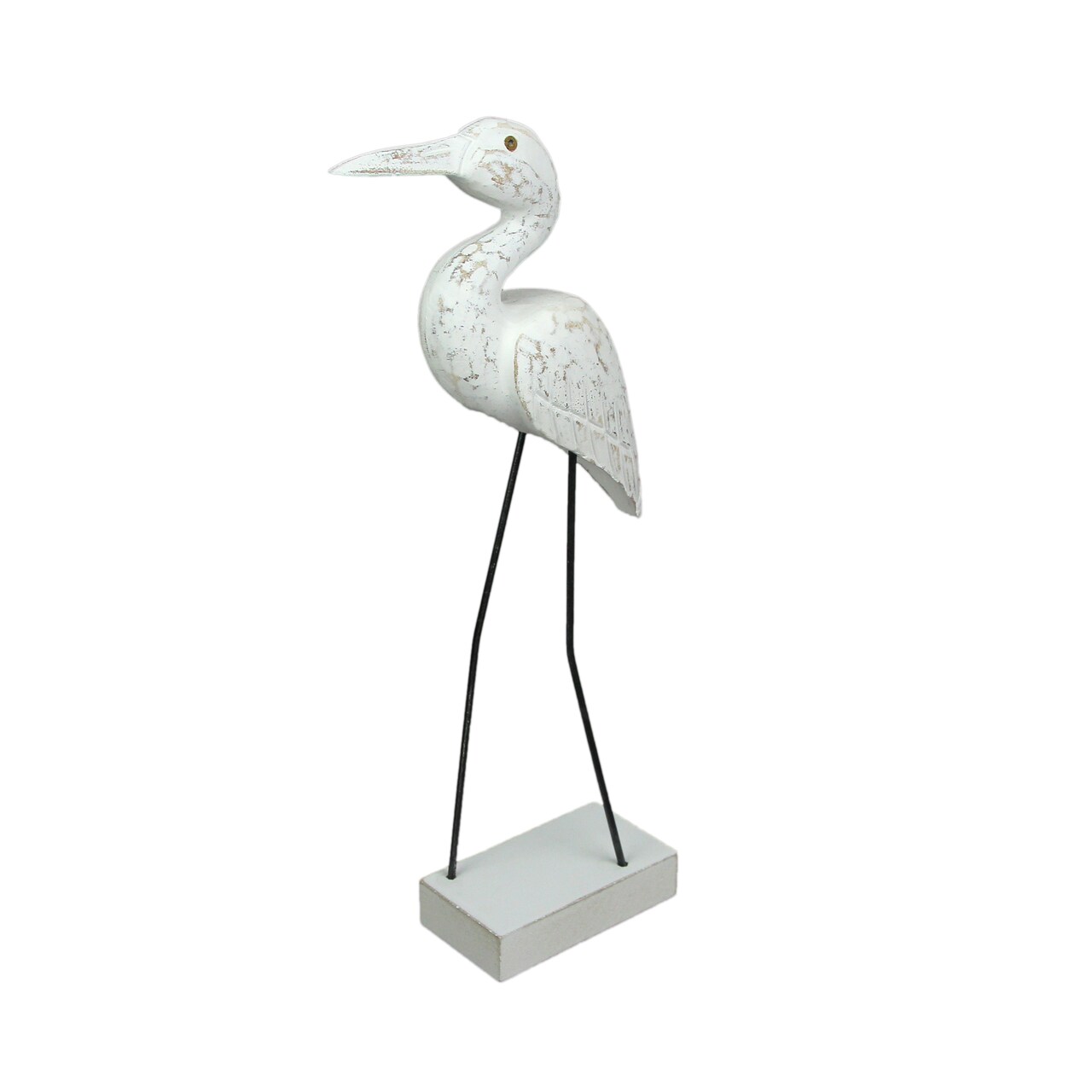 Hand Carved Wood and Metal White Egret Bird Statue 15 Inches High Coastal Decor